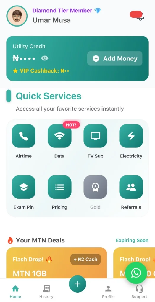 Mobile app home screen with utility credit, add money button and quick services