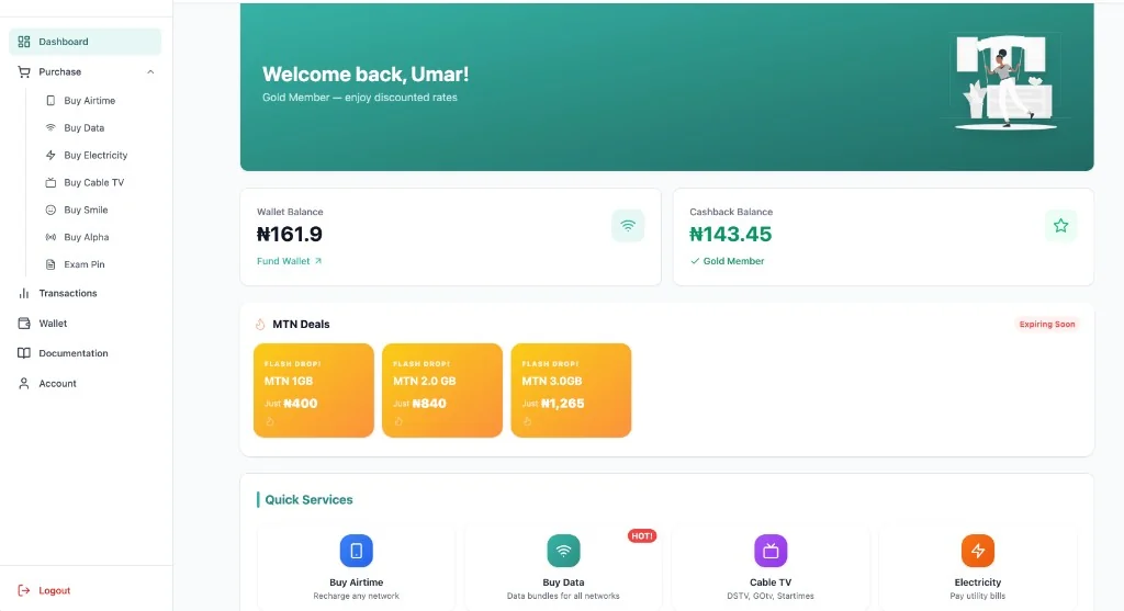 Customer dashboard on the web with wallet balance, cashback balance, MTN deals and quick services